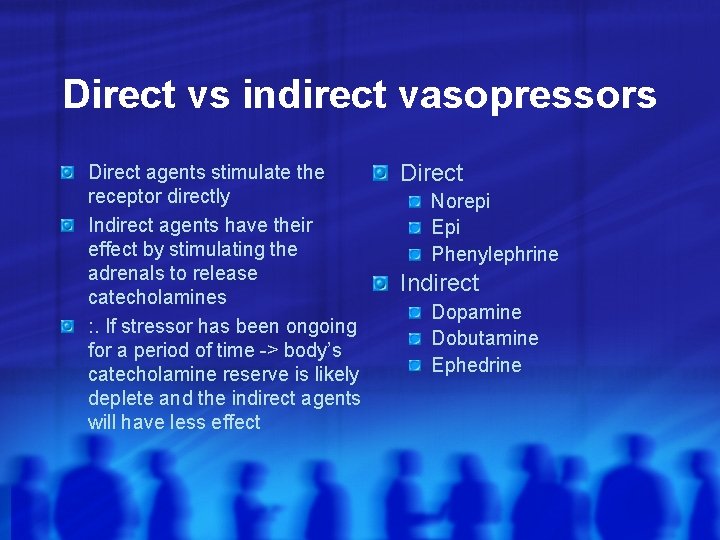 Direct vs indirect vasopressors Direct agents stimulate the receptor directly Indirect agents have their