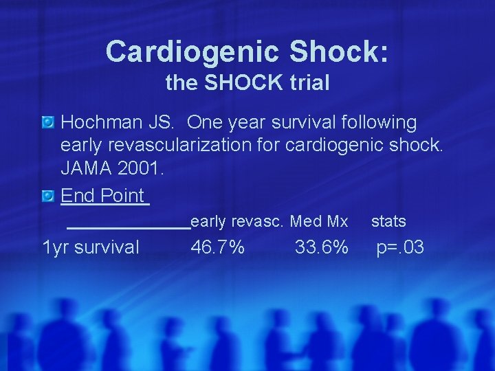 Cardiogenic Shock: the SHOCK trial Hochman JS. One year survival following early revascularization for