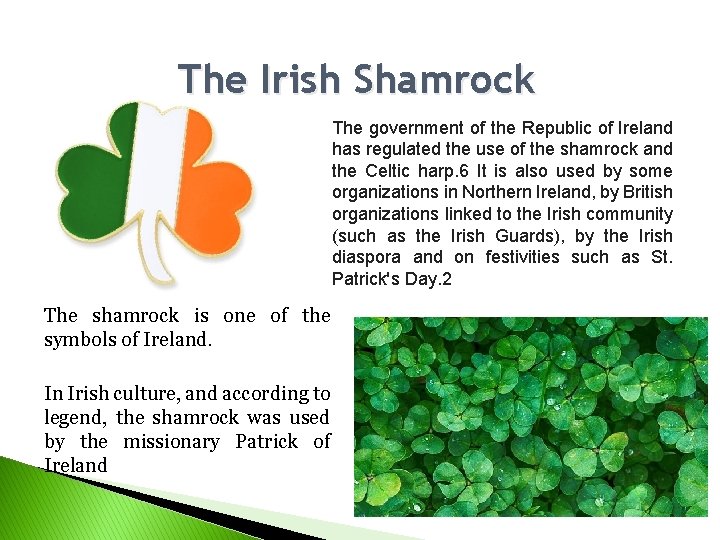 The Irish Shamrock The government of the Republic of Ireland has regulated the use The Irish Shamrock The government of the Republic of Ireland has regulated the use