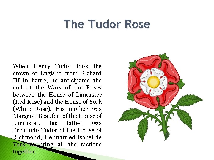 The Tudor Rose When Henry Tudor took the crown of England from Richard III