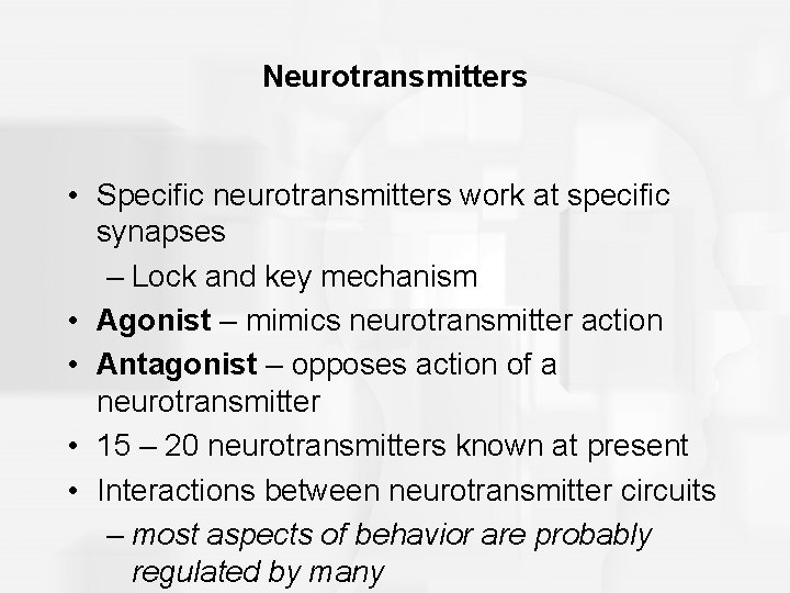 Neurotransmitters • Specific neurotransmitters work at specific synapses – Lock and key mechanism •