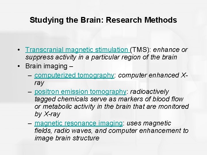 Studying the Brain: Research Methods • Transcranial magnetic stimulation (TMS): enhance or suppress activity