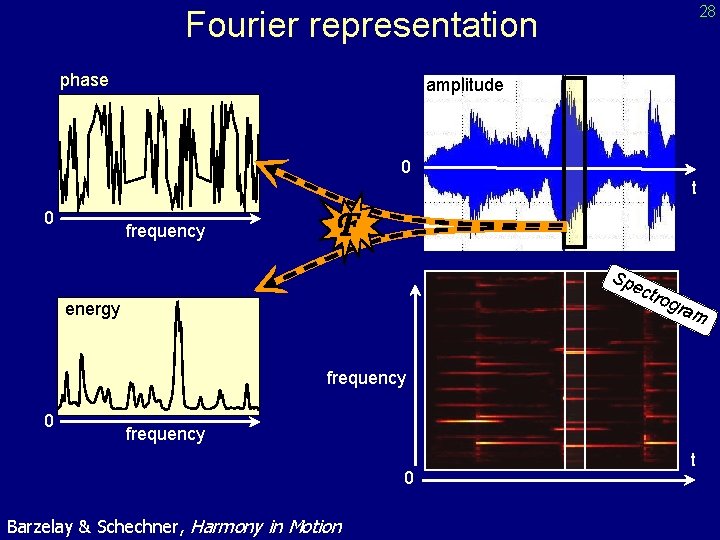 28 Fourier representation phase amplitude 0 t 0 frequency F Sp ec trog energy