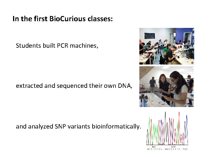 In the first Bio. Curious classes: Students built PCR machines, extracted and sequenced their