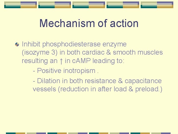 Mechanism of action Inhibit phosphodiesterase enzyme (isozyme 3) in both cardiac & smooth muscles