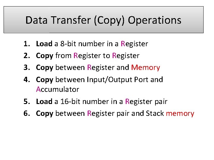 Data Transfer (Copy) Operations 1. 2. 3. 4. Load a 8 -bit number in