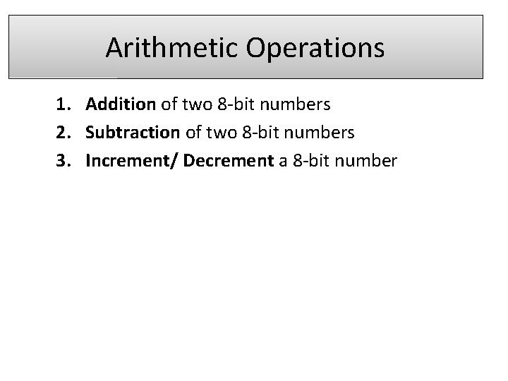 Arithmetic Operations 1. Addition of two 8 -bit numbers 2. Subtraction of two 8