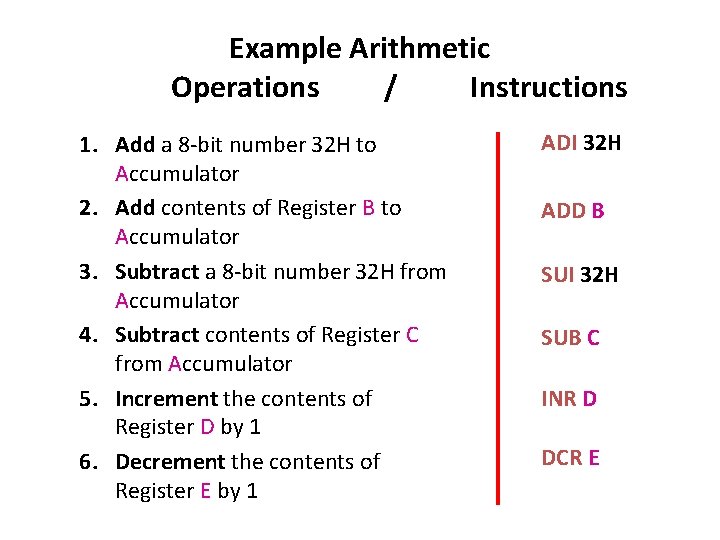 Example Arithmetic Operations / Instructions 1. Add a 8 -bit number 32 H to