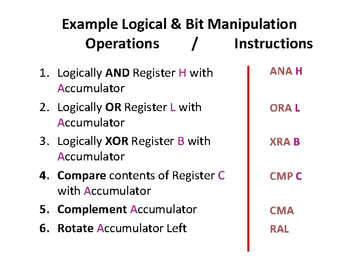 Example Logical & Bit Manipulation Operations / Instructions 1. Logically AND Register H with