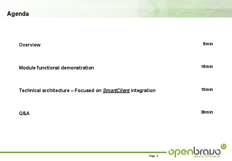 Agenda 5 min Overview Module functional demonstration 15 min Technical architecture – Focused on