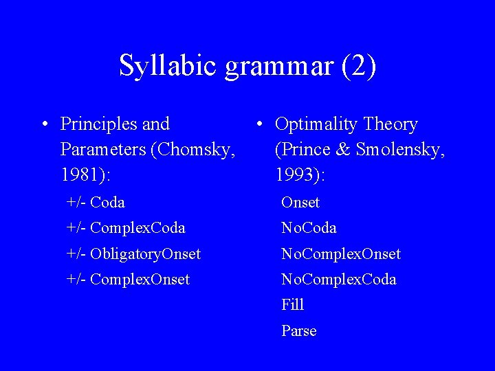 Syllabic grammar (2) • Optimality Theory • Principles and (Prince & Smolensky, Parameters (Chomsky,