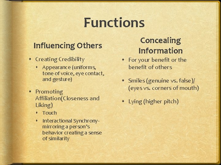 Functions Influencing Others Creating Credibility Appearance (uniforms, tone of voice, eye contact, and gesture)