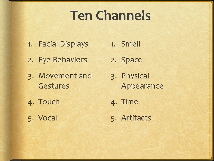 Ten Channels 1. Facial Displays 1. Smell 2. Eye Behaviors 2. Space 3. Movement