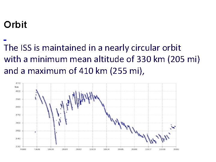 Orbit The ISS is maintained in a nearly circular orbit with a minimum mean