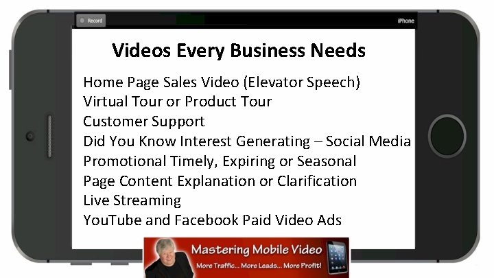 Videos Every Business Needs Home Page Sales Video (Elevator Speech) Virtual Tour or Product