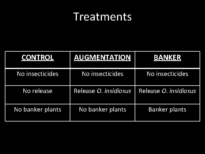 Treatments CONTROL AUGMENTATION BANKER No insecticides No release Release O. insidiosus No banker plants