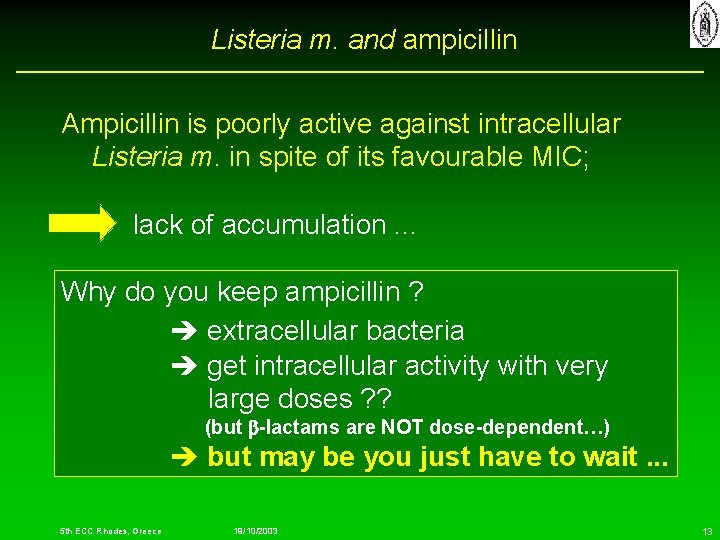 Listeria m. and ampicillin Ampicillin is poorly active against intracellular Listeria m. in spite