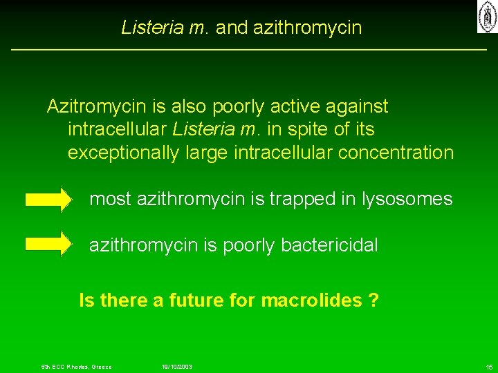 Listeria m. and azithromycin Azitromycin is also poorly active against intracellular Listeria m. in