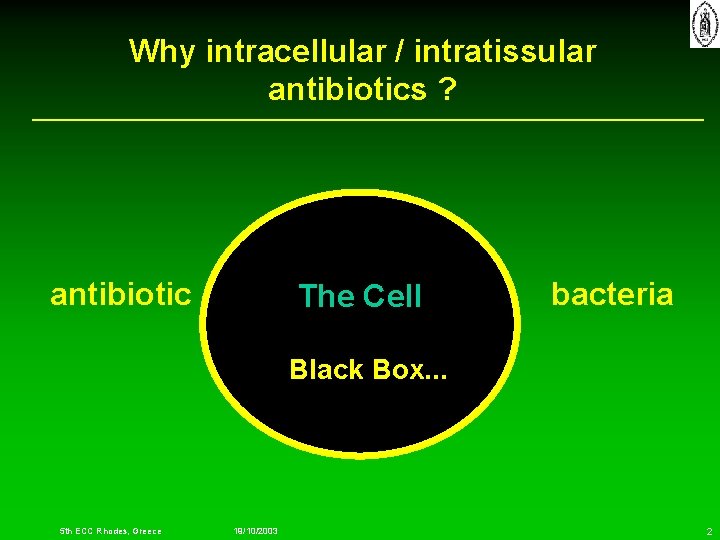 Why intracellular / intratissular antibiotics ? antibiotic The Cell bacteria Black Box. . .