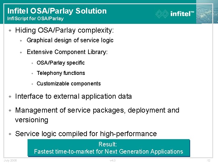 Infitel OSA/Parlay Solution Infi. Script for OSA/Parlay w Hiding OSA/Parlay complexity: w Graphical design
