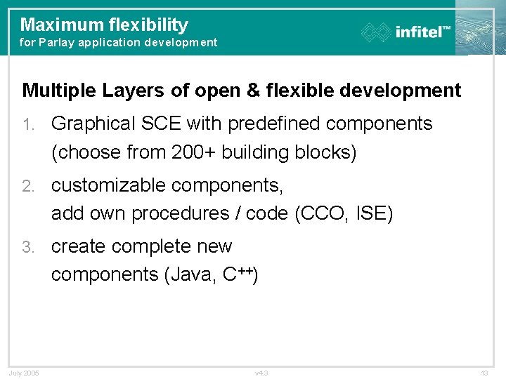 Maximum flexibility for Parlay application development Multiple Layers of open & flexible development 1.