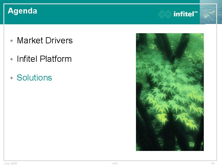 Agenda w Market Drivers w Infitel Platform w Solutions July 2005 v 4. 3