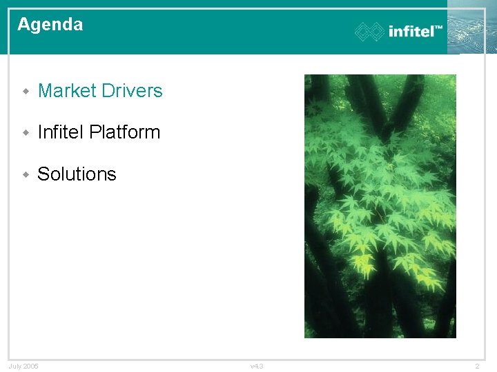 Agenda w Market Drivers w Infitel Platform w Solutions July 2005 v 4. 3