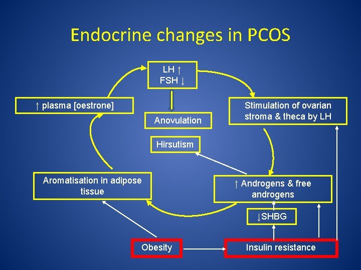 Endocrine changes in PCOS LH ↑ FSH ↓ ↑ plasma [oestrone] Anovulation Stimulation of