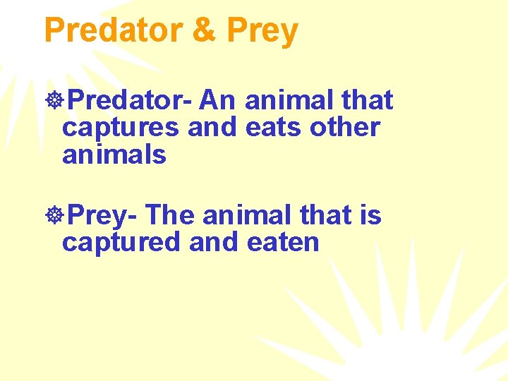 Predator & Prey ]Predator- An animal that captures and eats other animals ]Prey- The