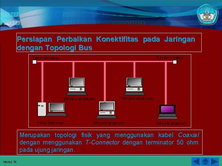 Persiapan Perbaikan Konektifitas pada Jaringan dengan Topologi Bus Merupakan topologi fisik yang menggunakan kabel