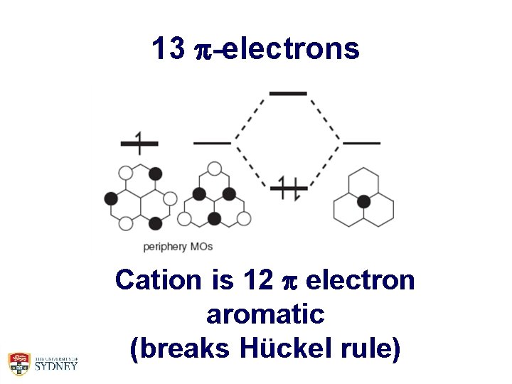 13 p-electrons Cation is 12 p electron aromatic (breaks Hückel rule) 