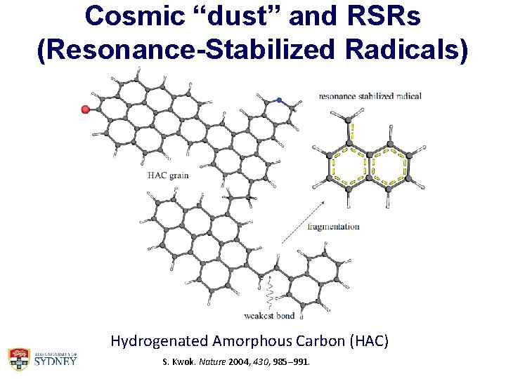 Cosmic “dust” and RSRs (Resonance-Stabilized Radicals) Hydrogenated Amorphous Carbon (HAC) S. Kwok. Nature 2004,
