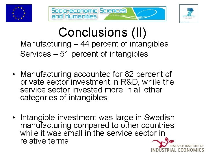 Conclusions (II) Manufacturing – 44 percent of intangibles Services – 51 percent of intangibles