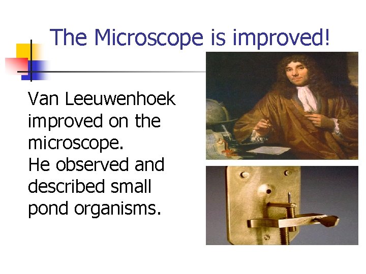 The Microscope is improved! Van Leeuwenhoek improved on the microscope. He observed and described