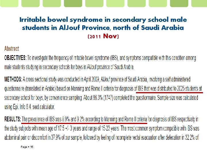 Irritable bowel syndrome in secondary school male students in Al. Jouf Province, north of