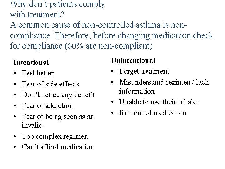 Why don’t patients comply with treatment? A common cause of non-controlled asthma is noncompliance.