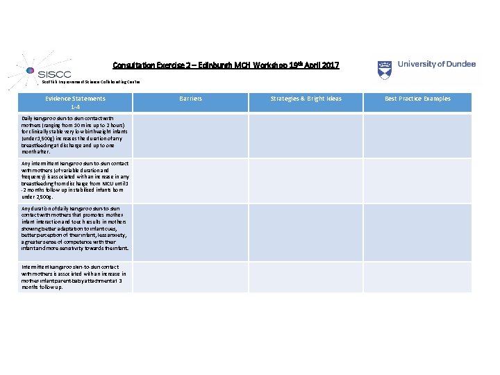 Consultation Exercise 2 – Edinburgh MCH Workshop 19 th April 2017 Scottish Improvement Science