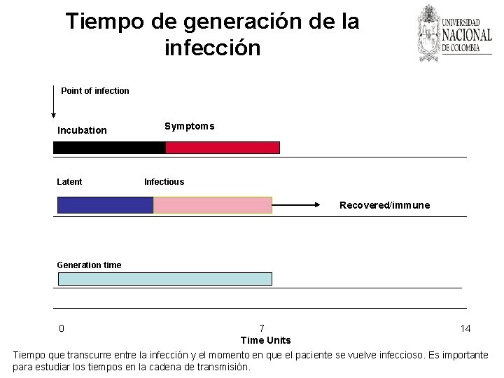 Tiempo de generación de la infección Point of infection Incubation Latent Symptoms Infectious Recovered/immune