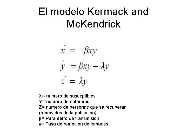 El modelo Kermack and Mc. Kendrick X= numero de susceptibles Y= numero de enfermos