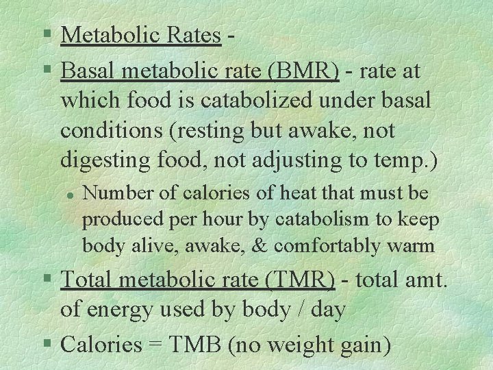 § Metabolic Rates § Basal metabolic rate (BMR) - rate at which food is