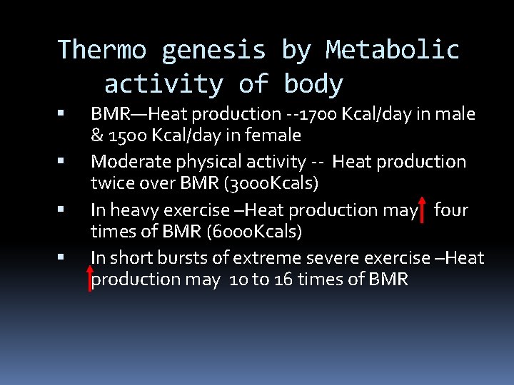 Thermo genesis by Metabolic activity of body BMR—Heat production --1700 Kcal/day in male &