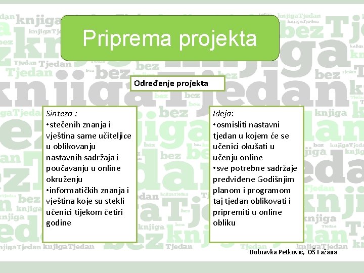 Priprema projekta Određenje projekta Sinteza : • stečenih znanja i vještina same učiteljice u