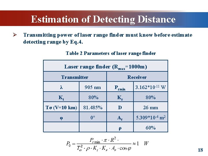 Estimation of Detecting Distance Ø Transmitting power of laser range finder must know before