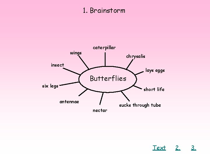 1. Brainstorm wings caterpillar chrysalis insect lays eggs Butterflies six legs short life antennae