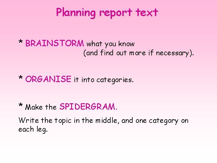 Planning report text * BRAINSTORM what you know (and find out more if necessary).