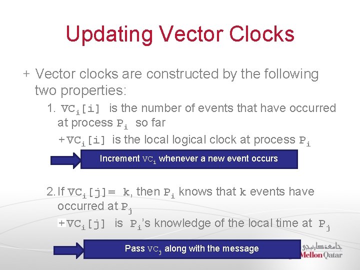 Updating Vector Clocks Vector clocks are constructed by the following two properties: 1. VCi[i]
