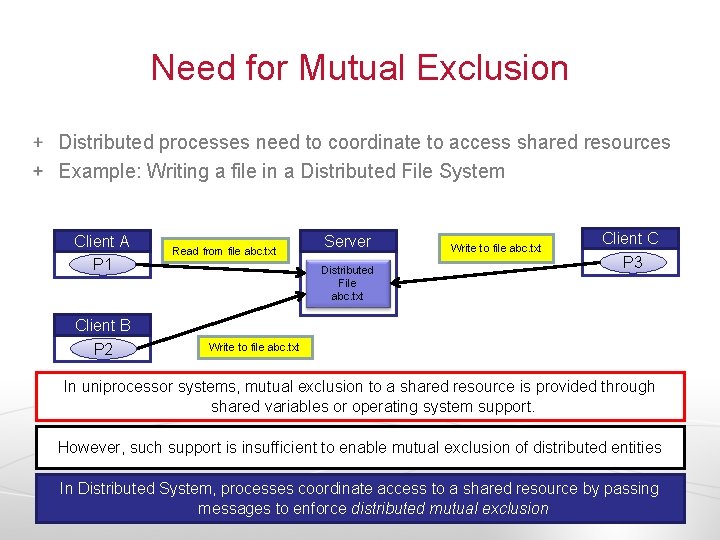 Need for Mutual Exclusion Distributed processes need to coordinate to access shared resources Example: