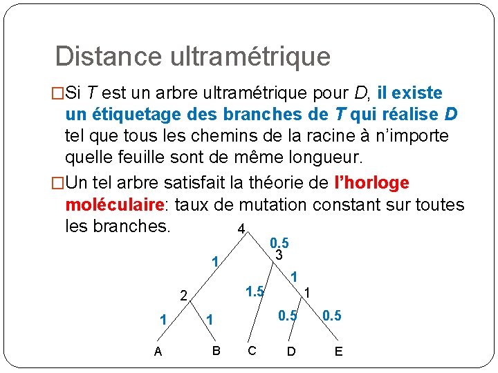 Distance ultramétrique �Si T est un arbre ultramétrique pour D, il existe un étiquetage