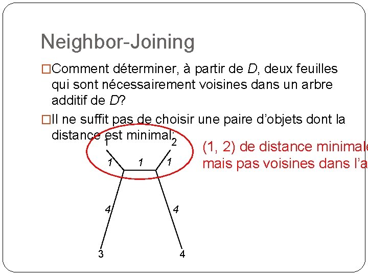 Neighbor-Joining �Comment déterminer, à partir de D, deux feuilles qui sont nécessairement voisines dans