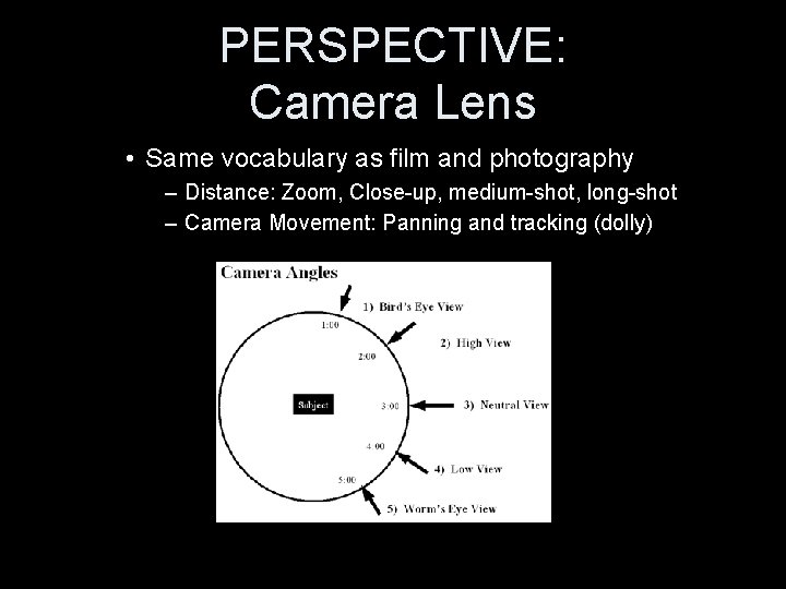 PERSPECTIVE: Camera Lens • Same vocabulary as film and photography – Distance: Zoom, Close-up,